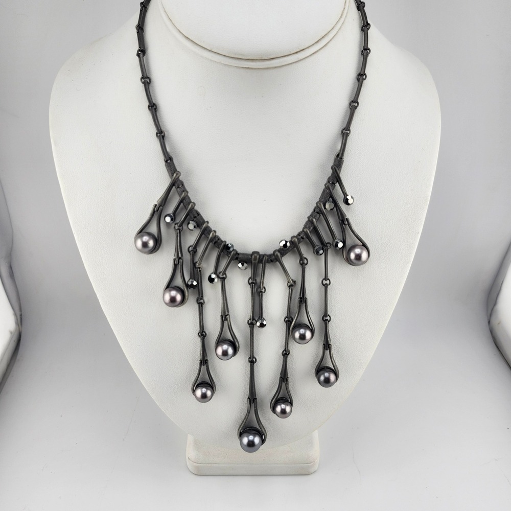 Statement Necklace Gray Faux Pearl Dangle‎ Silver Tone Costume Jewelry